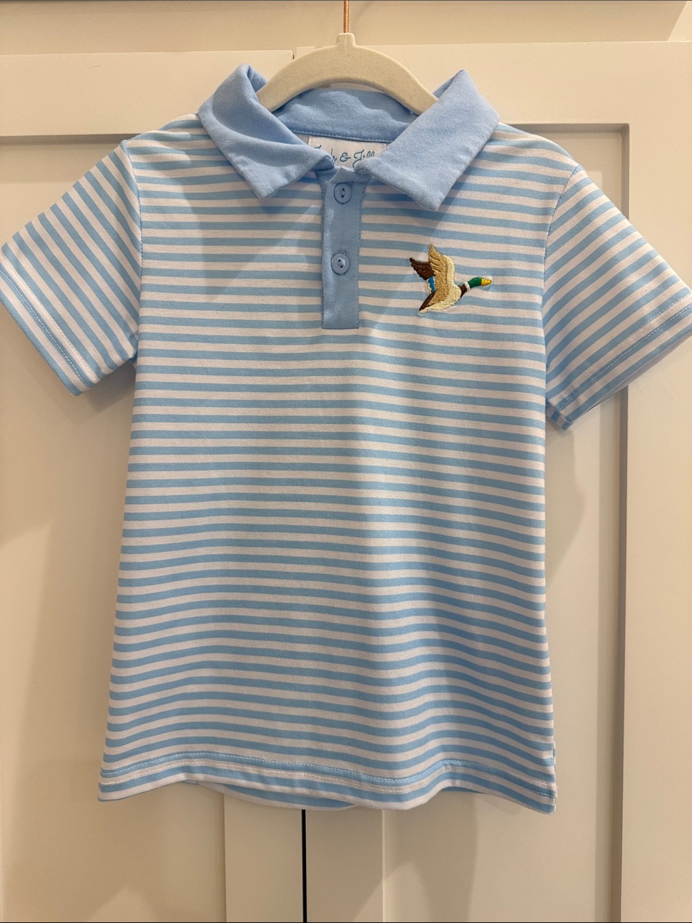 Jack & Jill Clothing Company White/Light Blue Stripe Polo Mallard Embroidery 3T